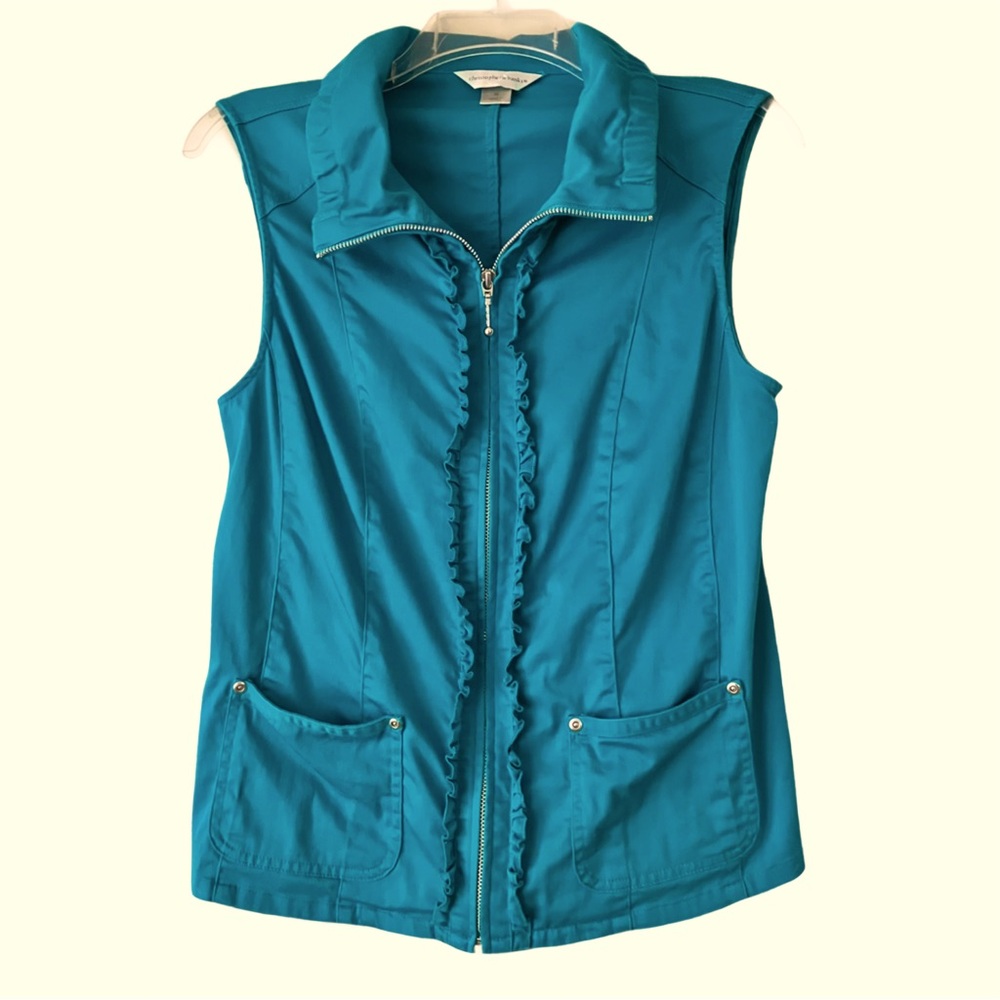 Christopher & Banks Vest, Sz. M, Teal, Ruffle Accent, Pockets, Zipper Closure